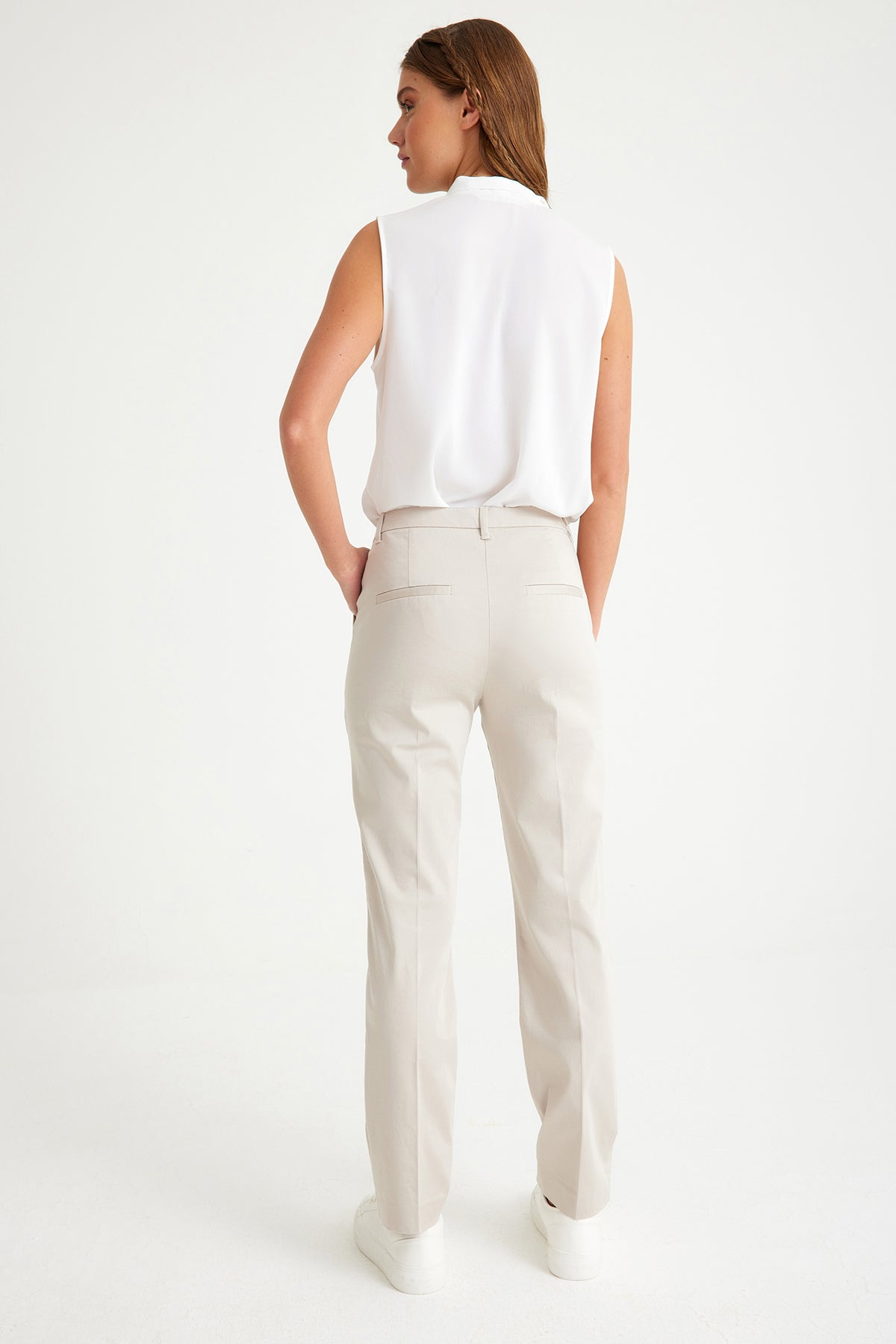 Stone Color Slim Fit Pocketed Women's Trousers
