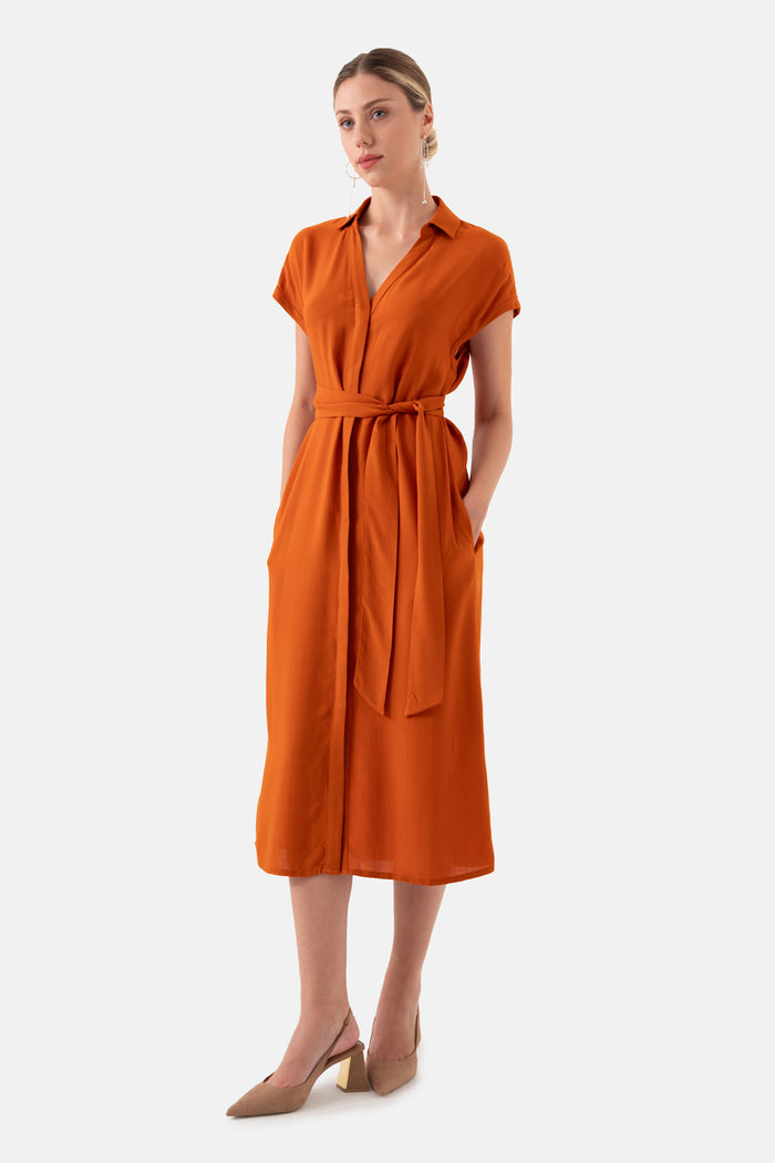Orange Striped Belted Shirt Dress