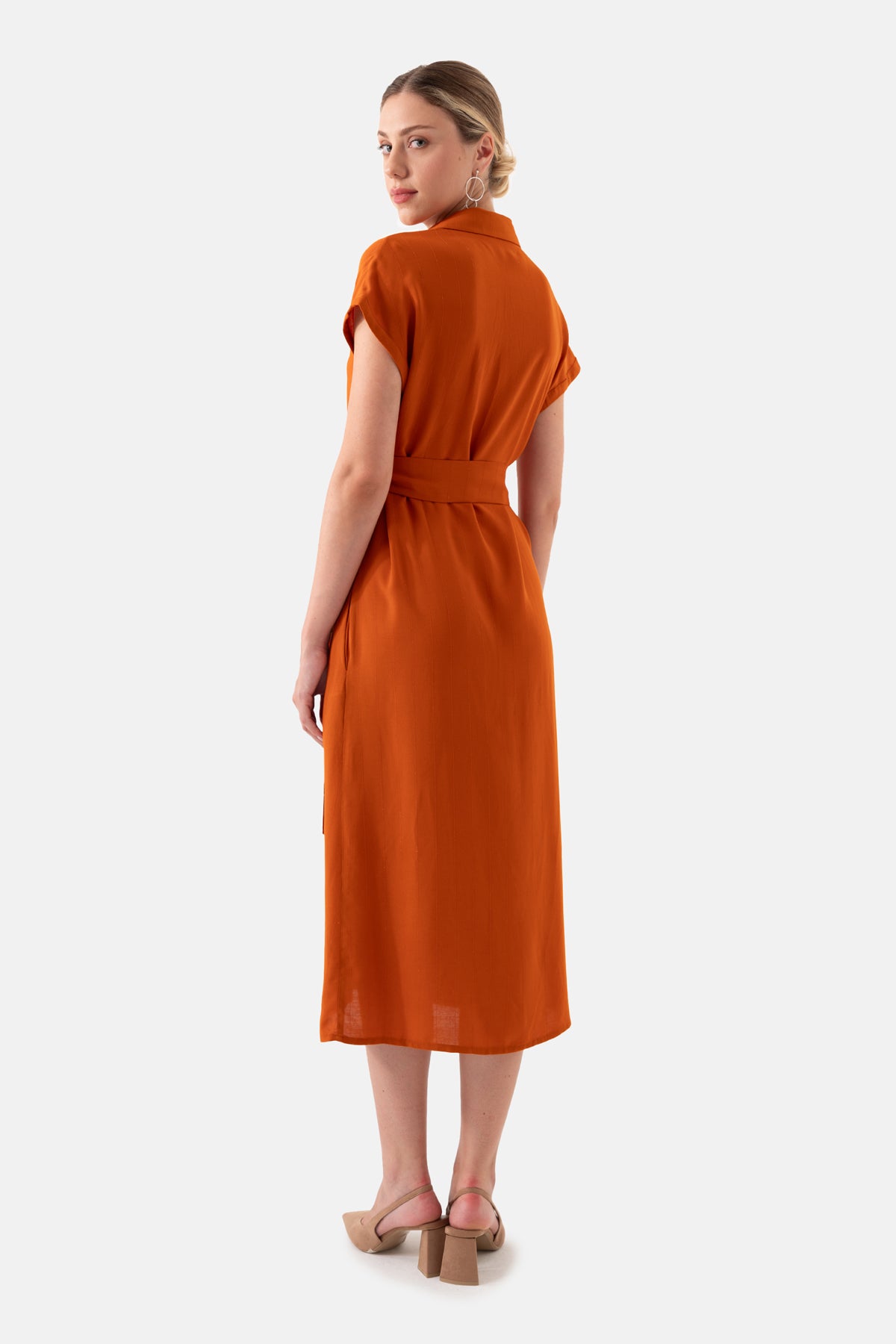 Turuncu Çizgili Beli Kuşaklı Gömlek Elbise