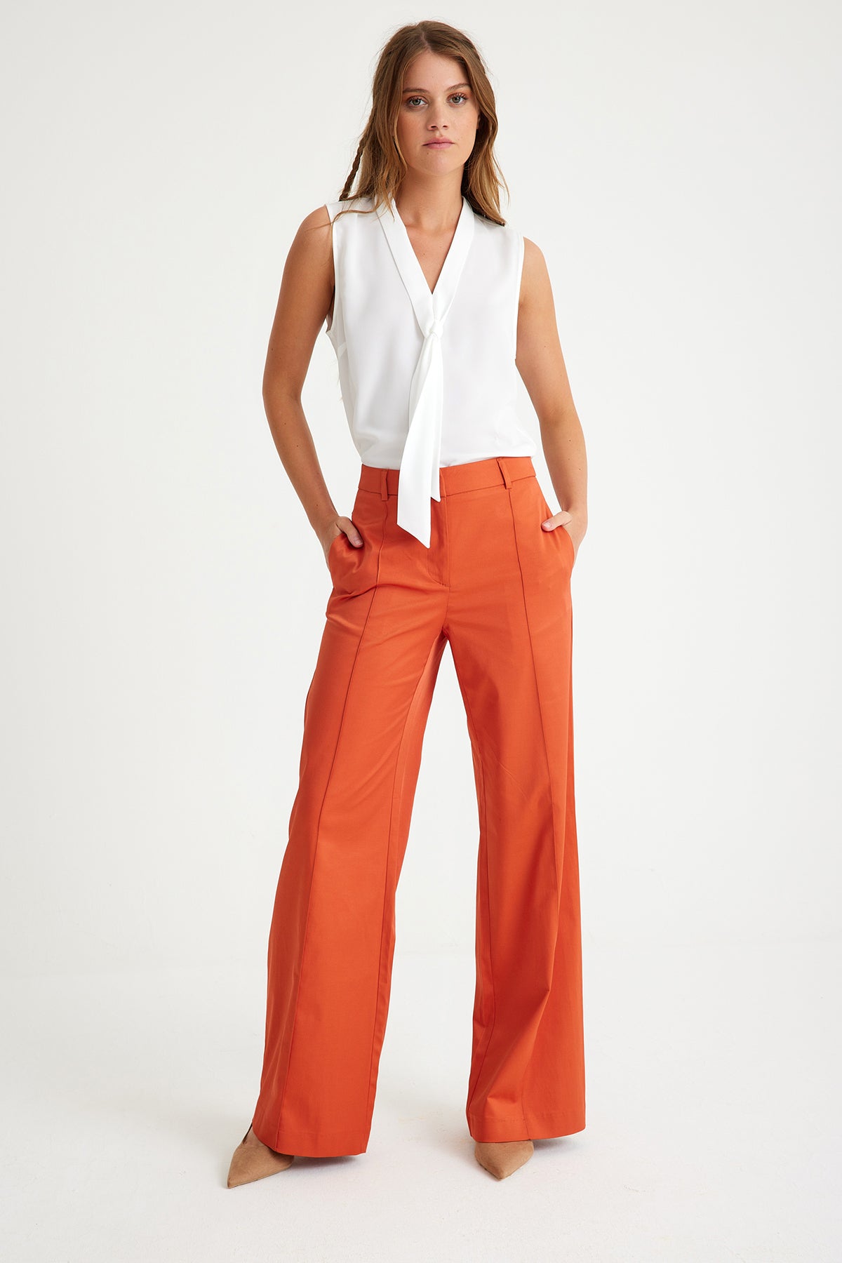 Orange Ribbed Wide Leg Women's Trousers