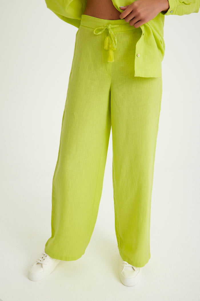 Green Linen Waist Laced Wide Leg Women's Trousers