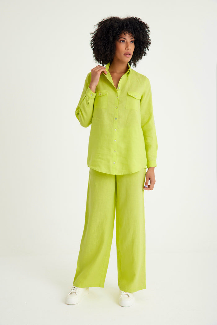 Green Linen Pocket Detailed Women's Shirt