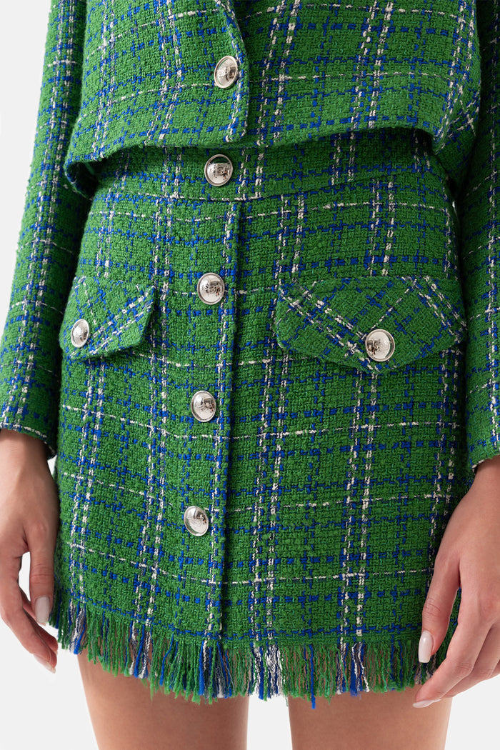 Green Tweed Plaid Short Women's Jacket With Buttons On The Front