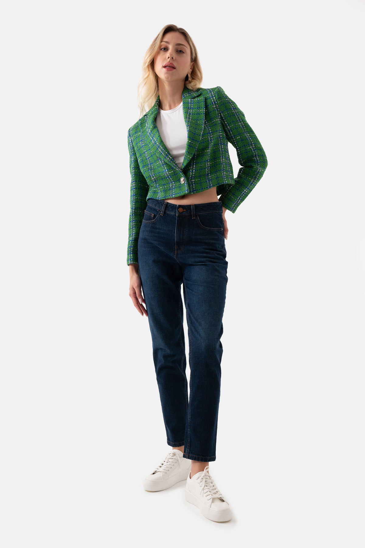 Yeşil Tüvit Ekoseli Önü Düğmeli Kısa Kadın Ceket