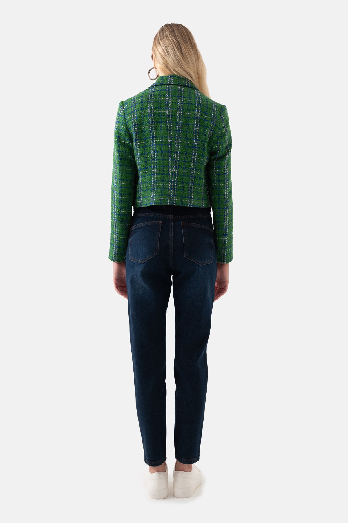 Yeşil Tüvit Ekoseli Önü Düğmeli Kısa Kadın Ceket
