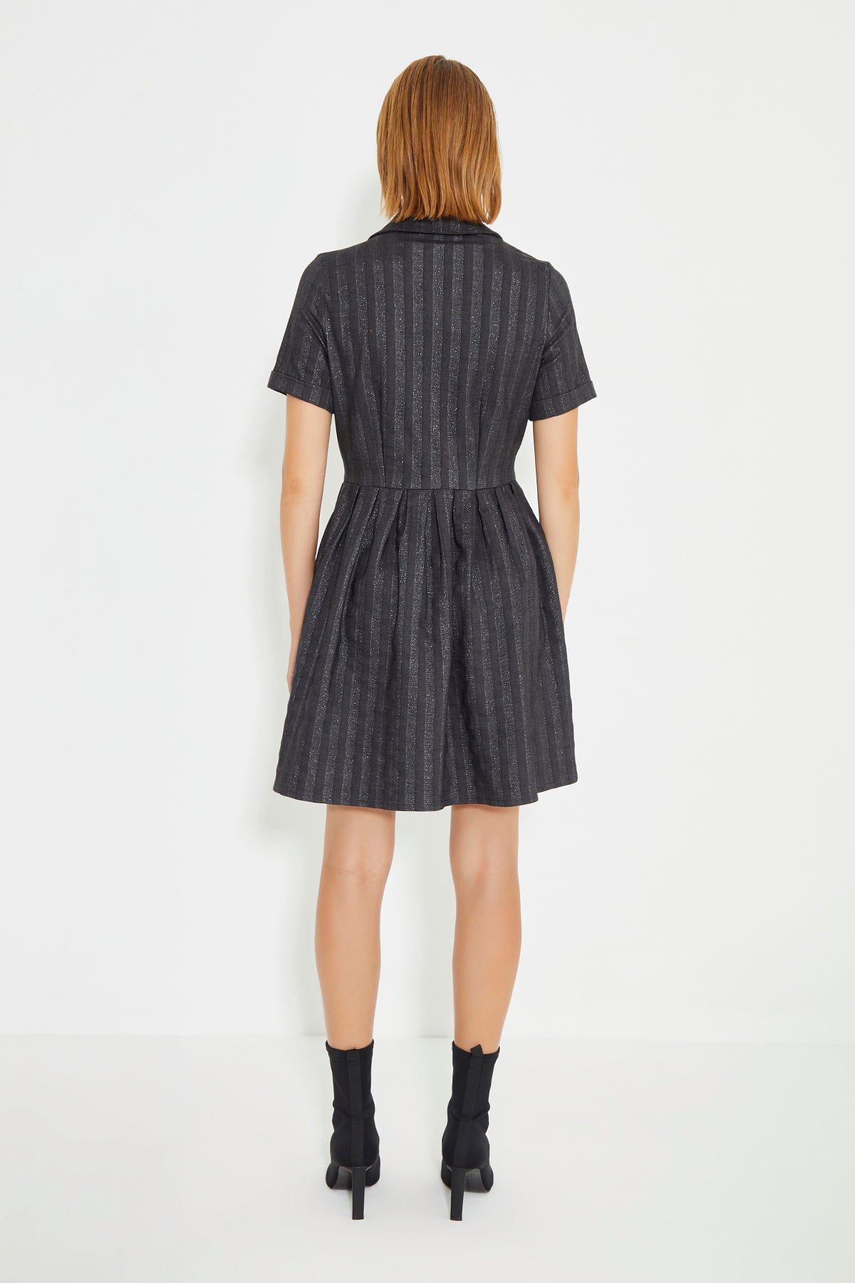 Anthracite Striped Front Snap Fastener Lapel Collar Dress