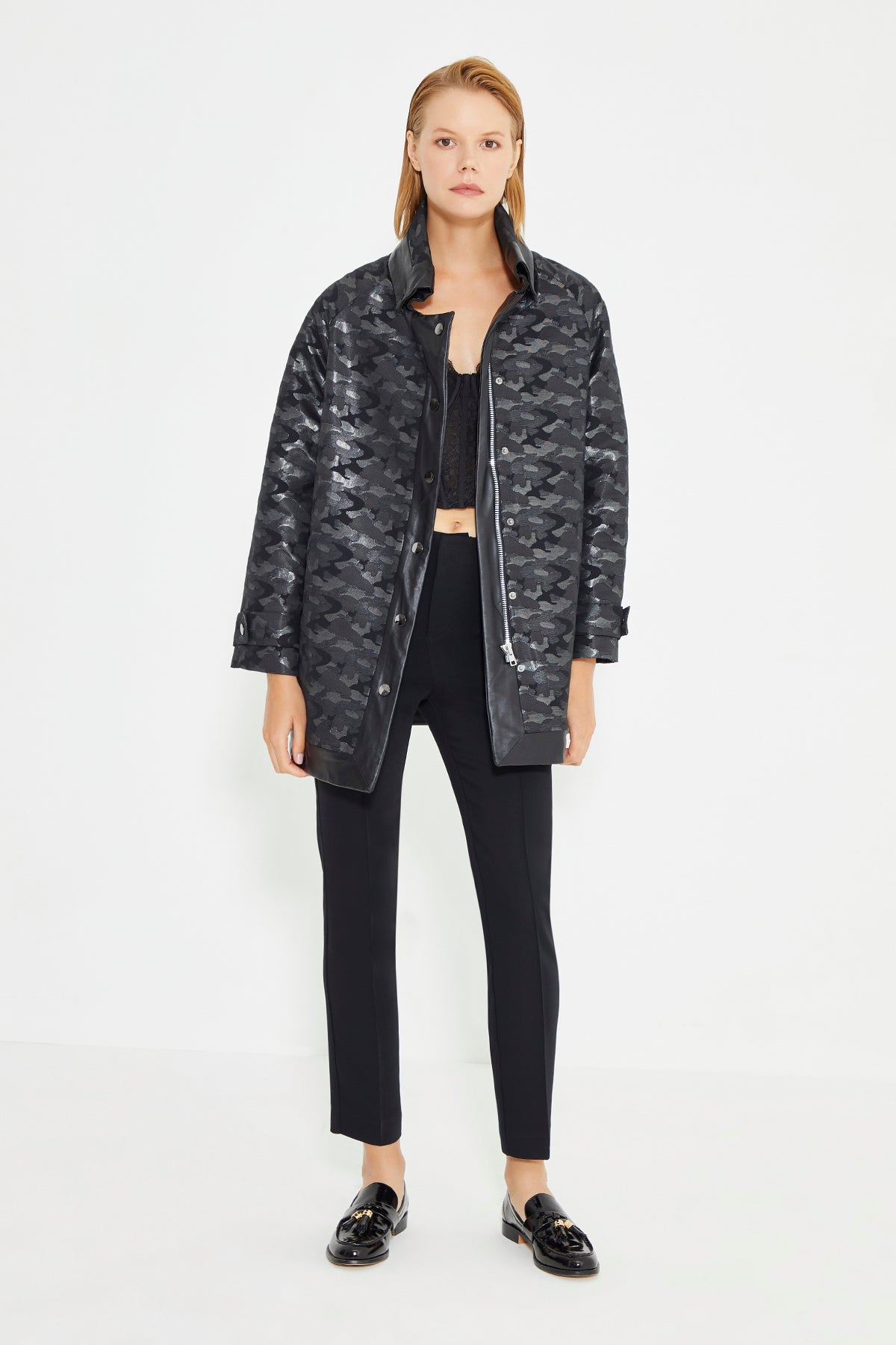 Anthracite Camouflage-Pattern Collar Sleeve And Front With Snap Button Women's Coat