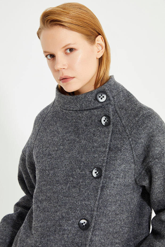 Anthracite Aysmmetric Front Button Detailed Side Pocket Women'Coat