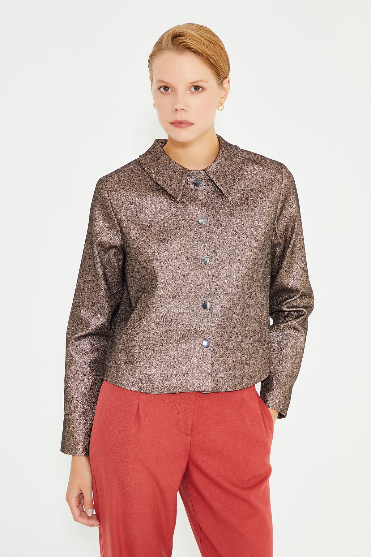 Copper Color Shirt Collar Long Sleeve Women's Jacket