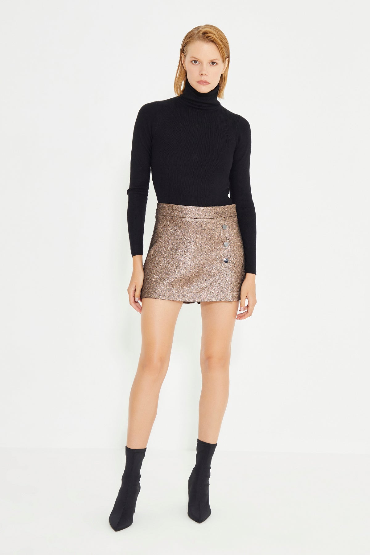 Copper Color Side Snap Detail Mini Short Skirt
