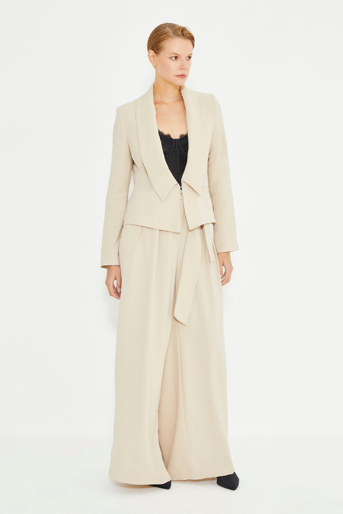 Beige Collar Detailed Front Hook Fastening Women's Jacket