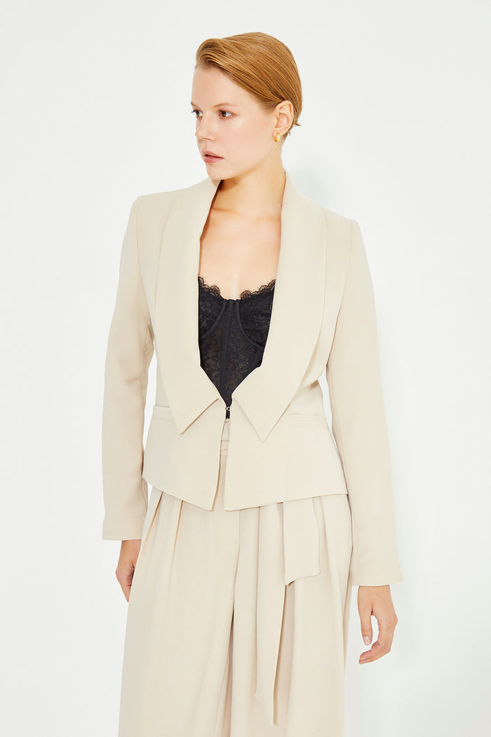 Beige Collar Detailed Front Hook Fastening Women's Jacket