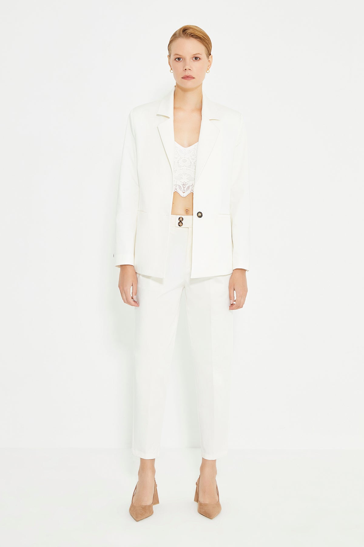 White Shoulder Padded Double Breasted Jacket With Pockets