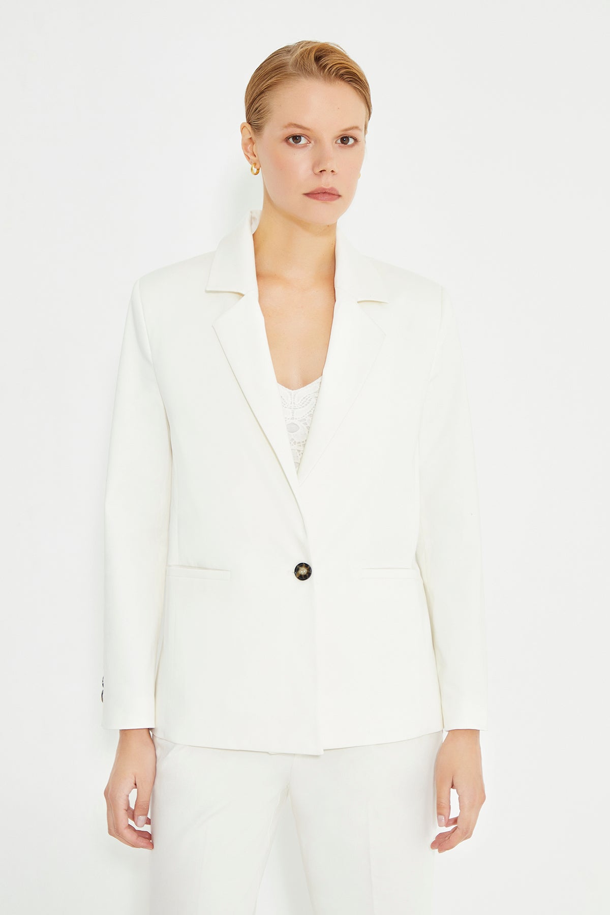 White Shoulder Padded Double Breasted Jacket With Pockets