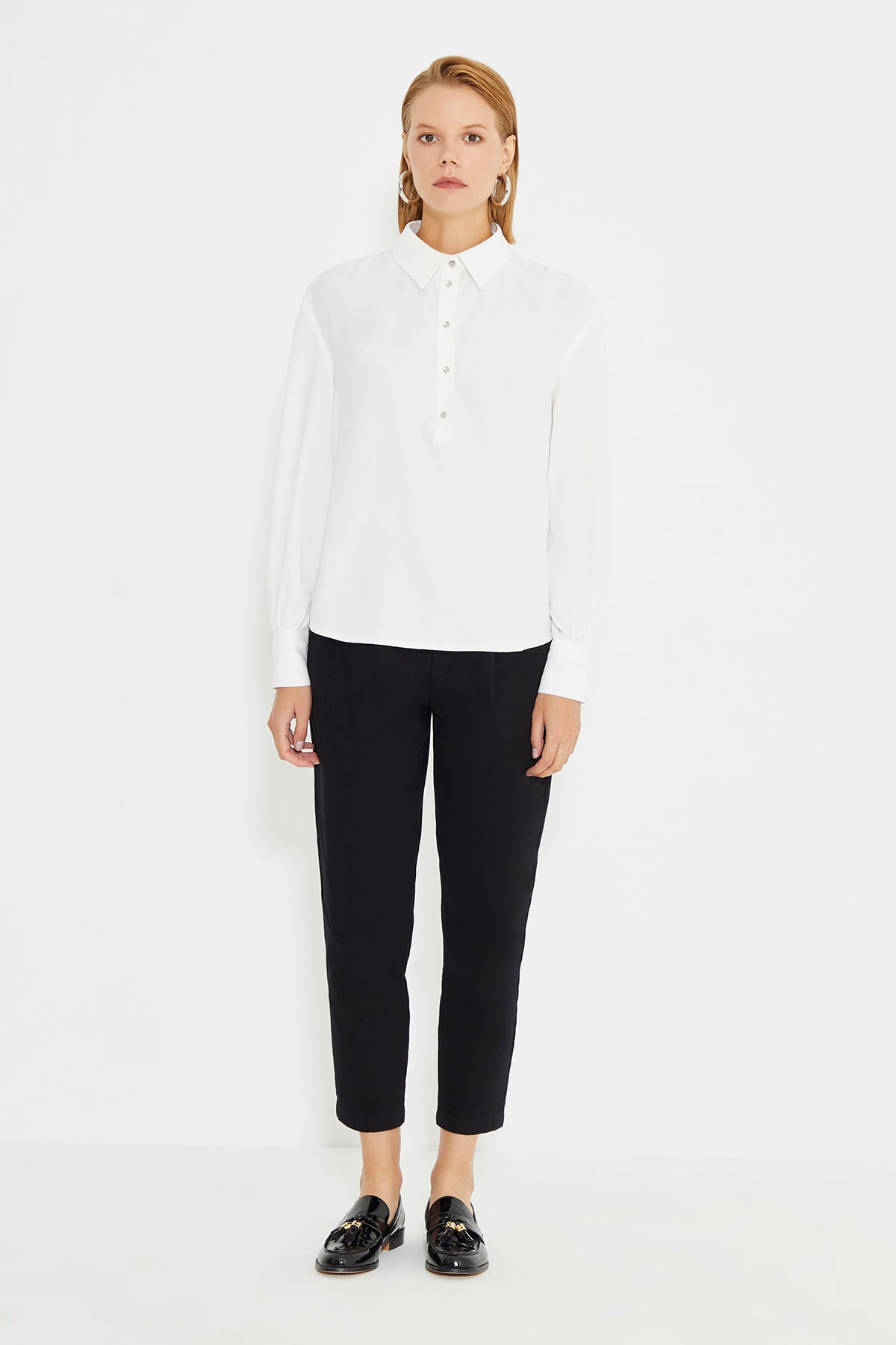 White Wide Cuff Button Front Women's Shirt