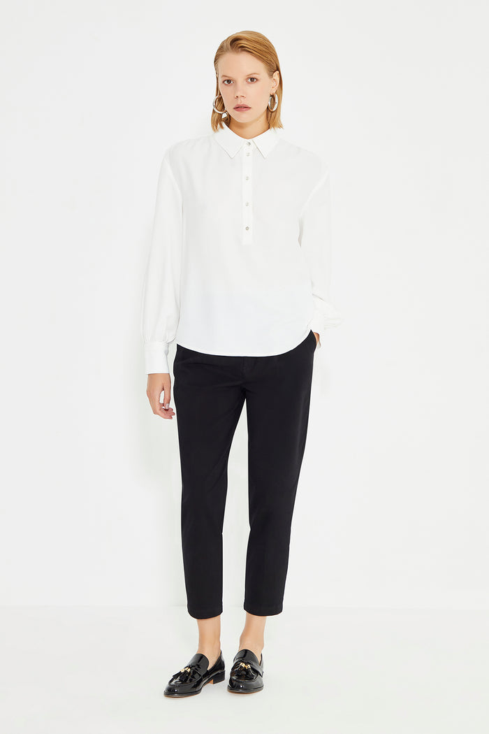 White Wide Cuff Button Front Women's Shirt