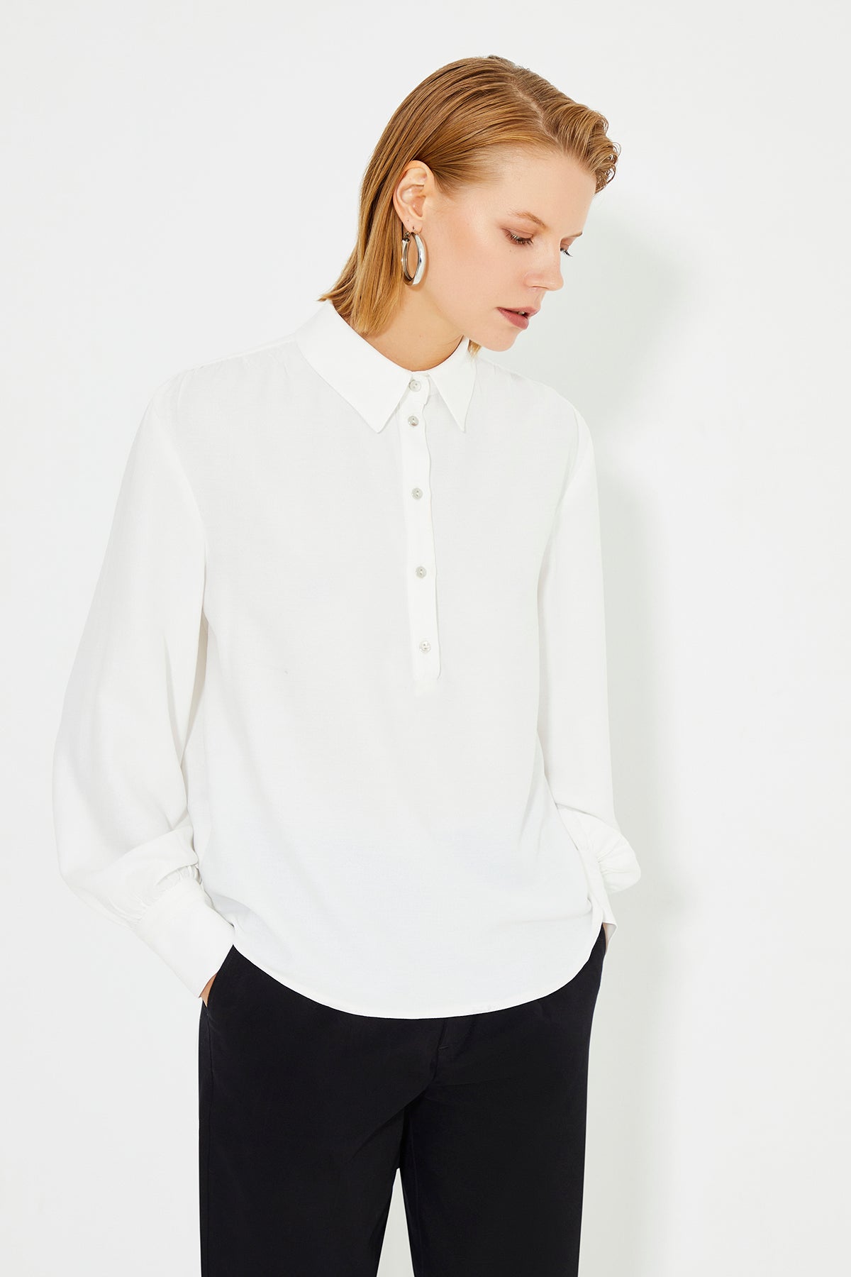 White Wide Cuff Button Front Women's Shirt
