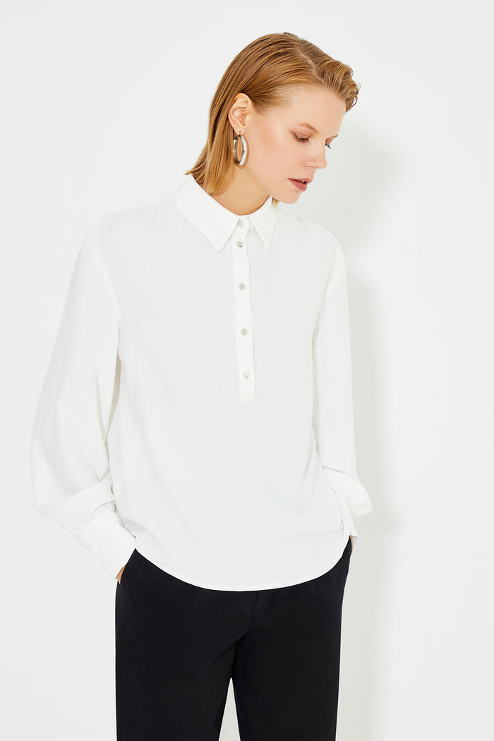 White Wide Cuff Button Front Women's Shirt