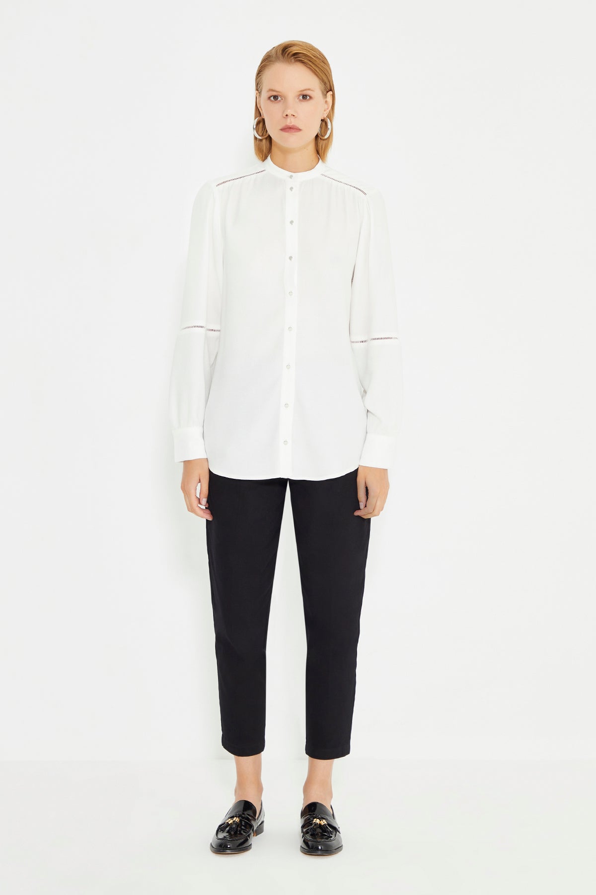 White Long Sleeve Ladder Strip Women's Shirt