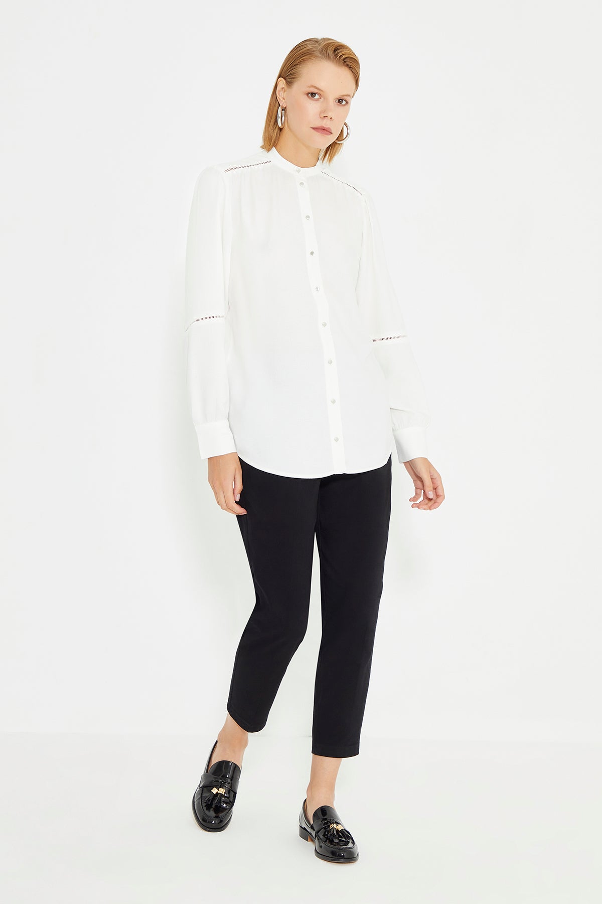 White Long Sleeve Ladder Strip Women's Shirt