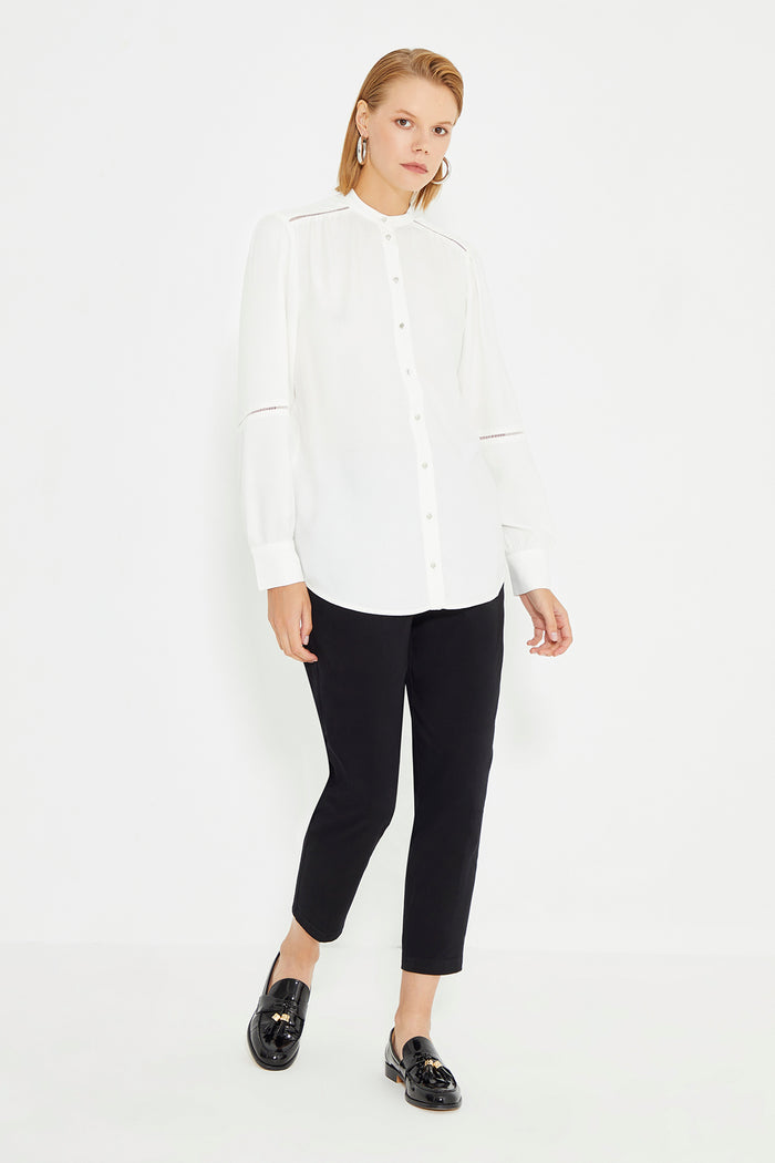 White Long Sleeve Ladder Strip Women's Shirt