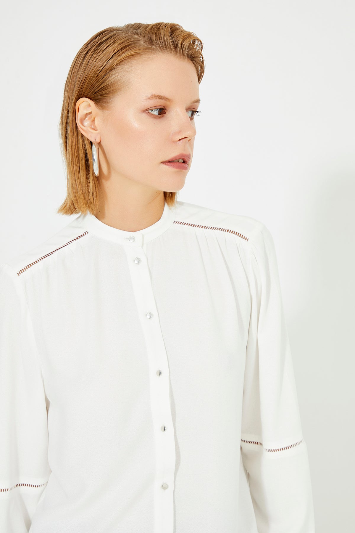 White Long Sleeve Ladder Strip Women's Shirt