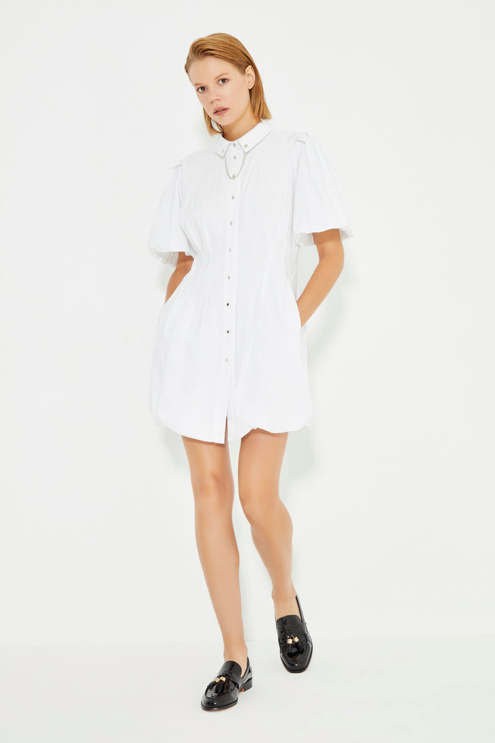 White Chain-Detail Collar Waist Darts Balloon Dress