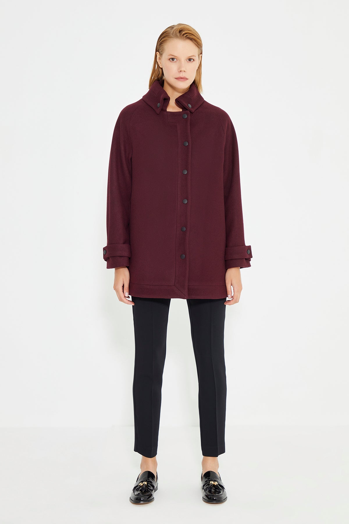 Burgundy Collar Sleeve And Front With Snap Button Women's Coat