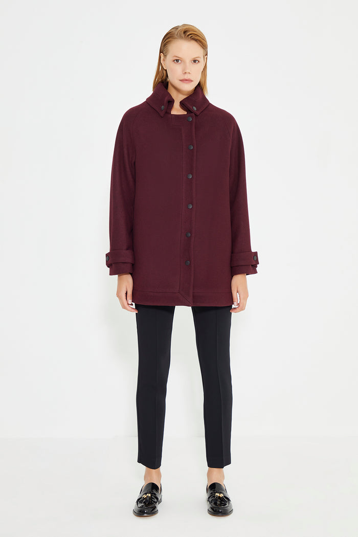Burgundy Collar Sleeve And Front With Snap Button Women's Coat