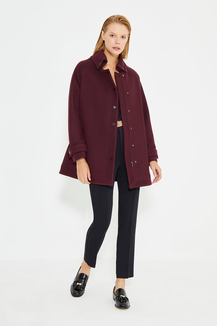 Burgundy Collar Sleeve And Front With Snap Button Women's Coat