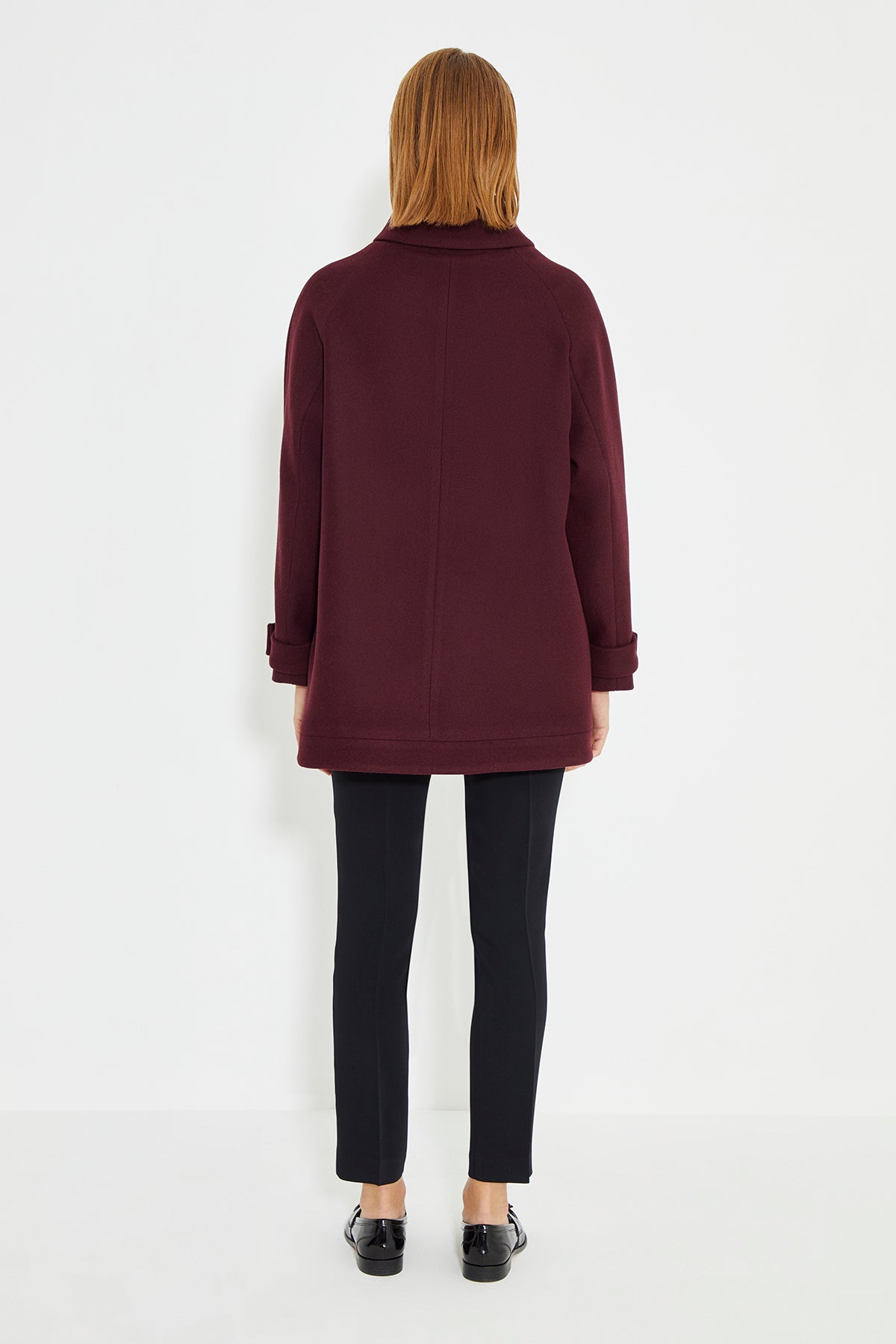 Burgundy Collar Sleeve And Front With Snap Button Women's Coat