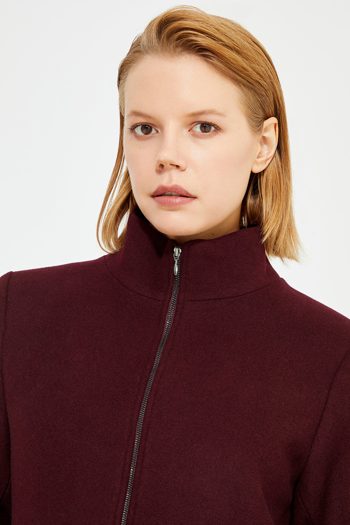 Burgundy Front And Collar Zip Detailed women's Coat