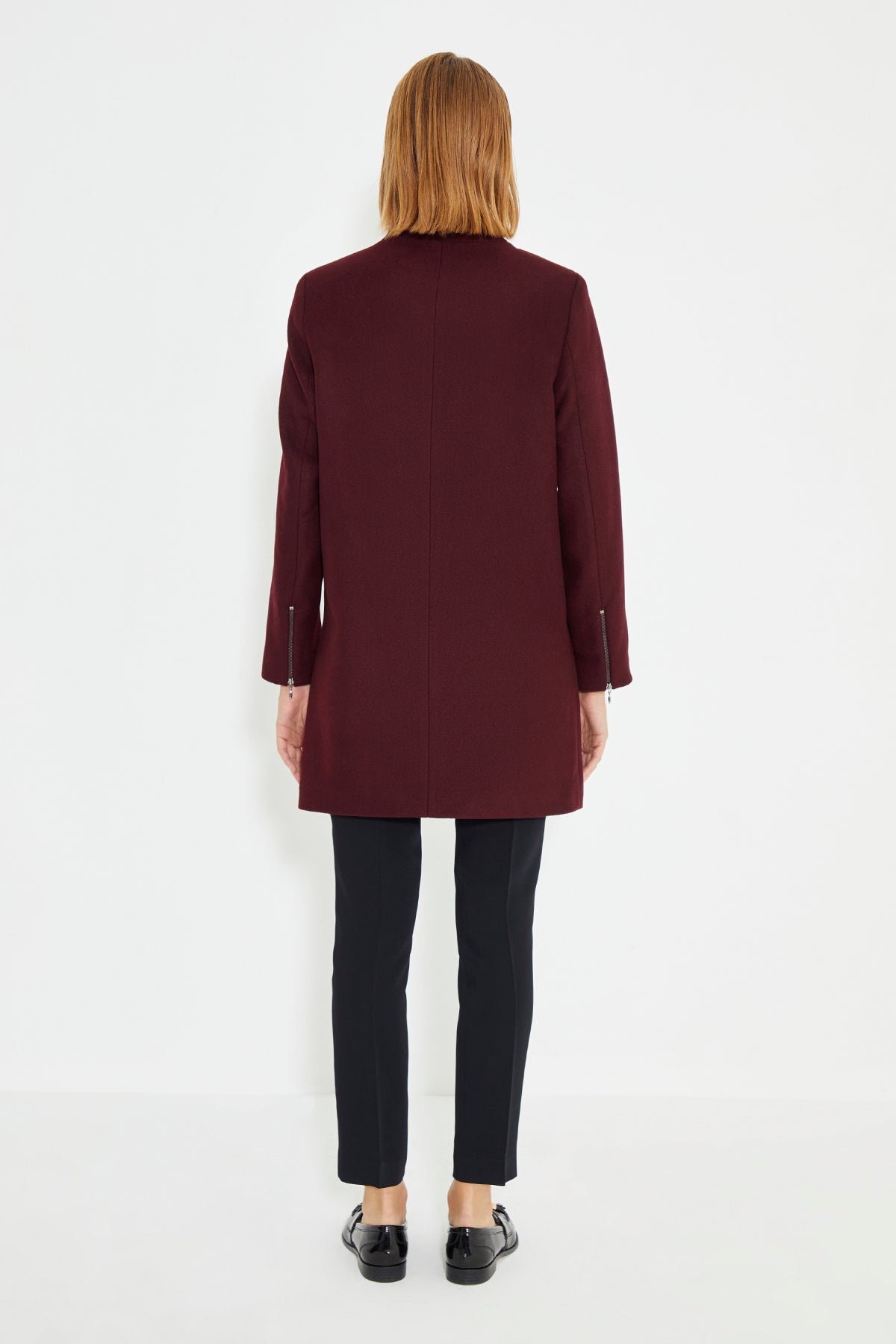 Burgundy Front And Collar Zip Detailed women's Coat