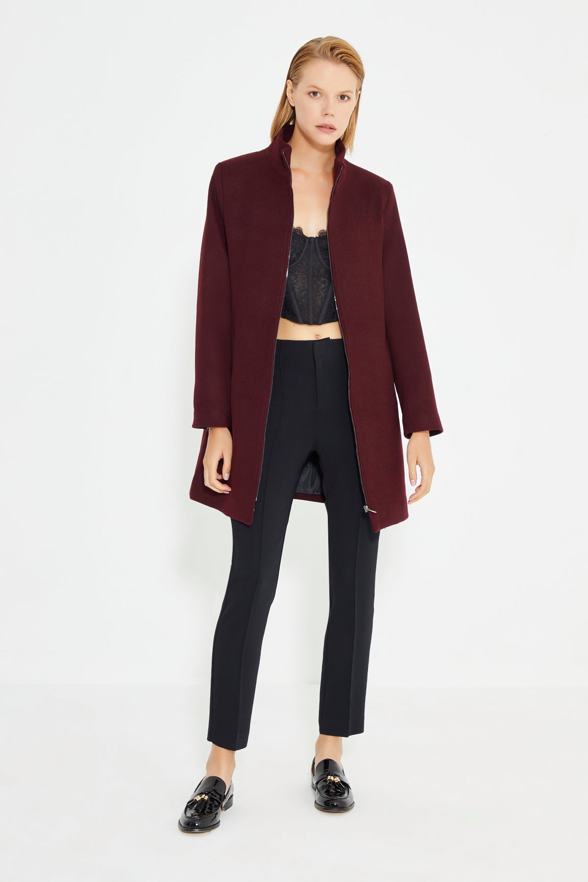 Burgundy Front And Collar Zip Detailed women's Coat
