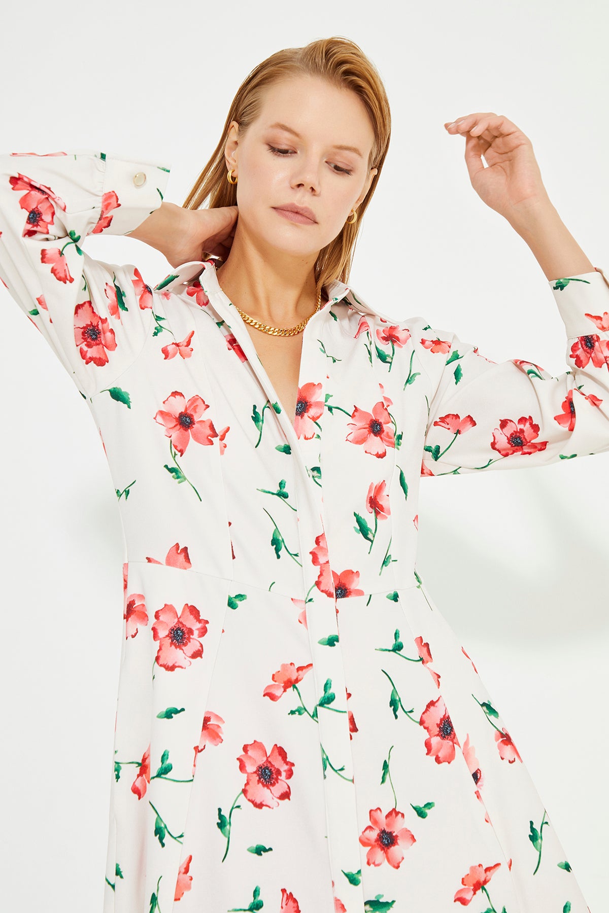 Flower Print Long Sleeve Shirt Collar Mini Dress