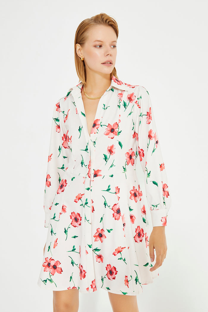 Flower Print Long Sleeve Shirt Collar Mini Dress