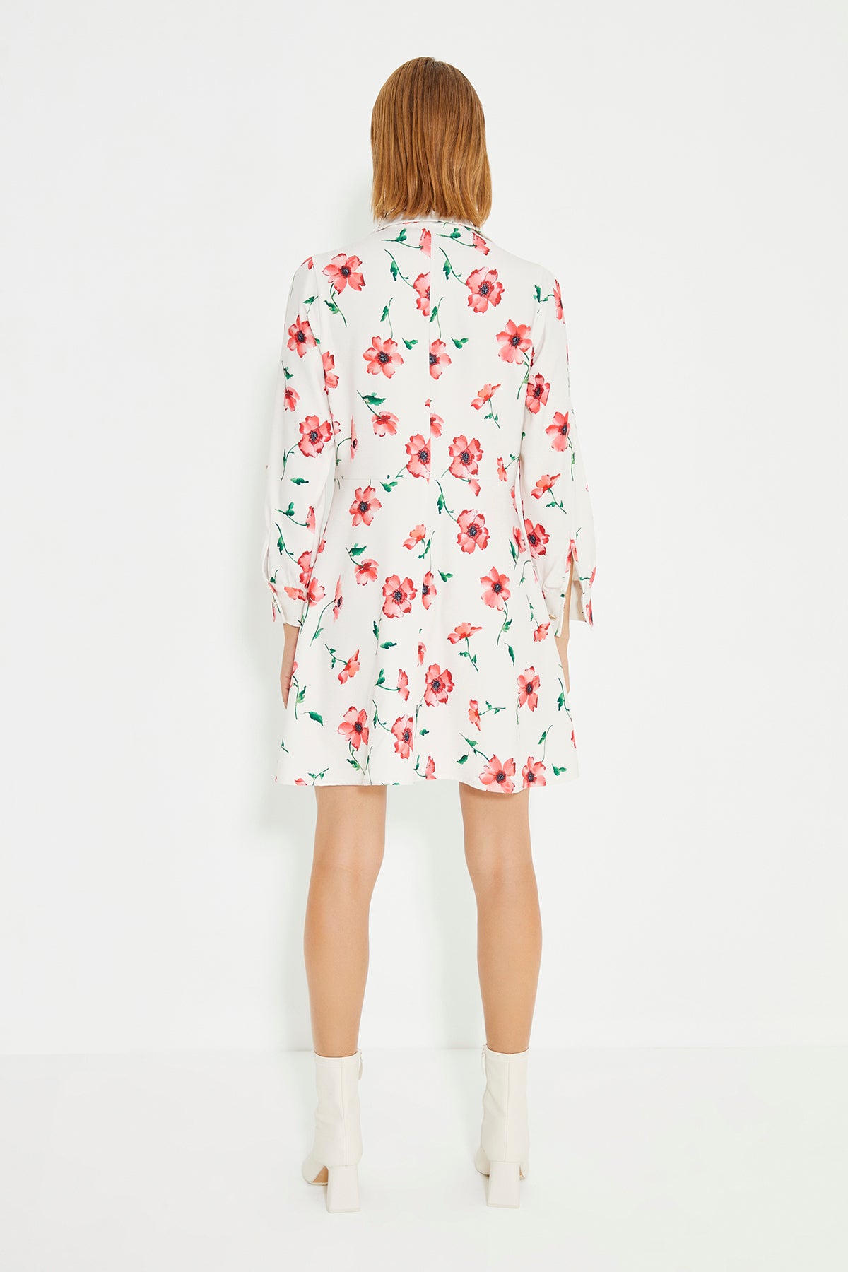 Flower Print Long Sleeve Shirt Collar Mini Dress