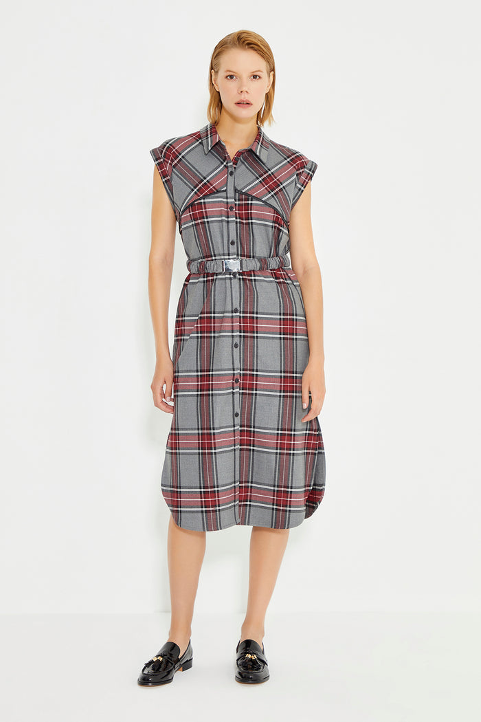Grey Checked Sleeveless Leather Piping Shirt Dress