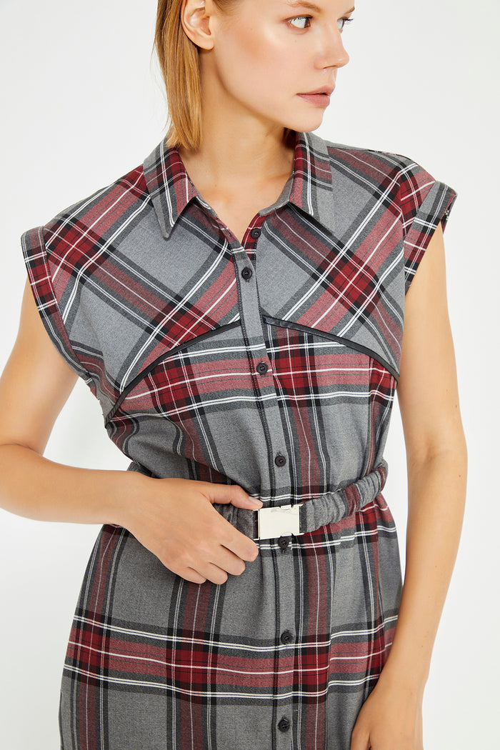 Grey Checked Sleeveless Leather Piping Shirt Dress