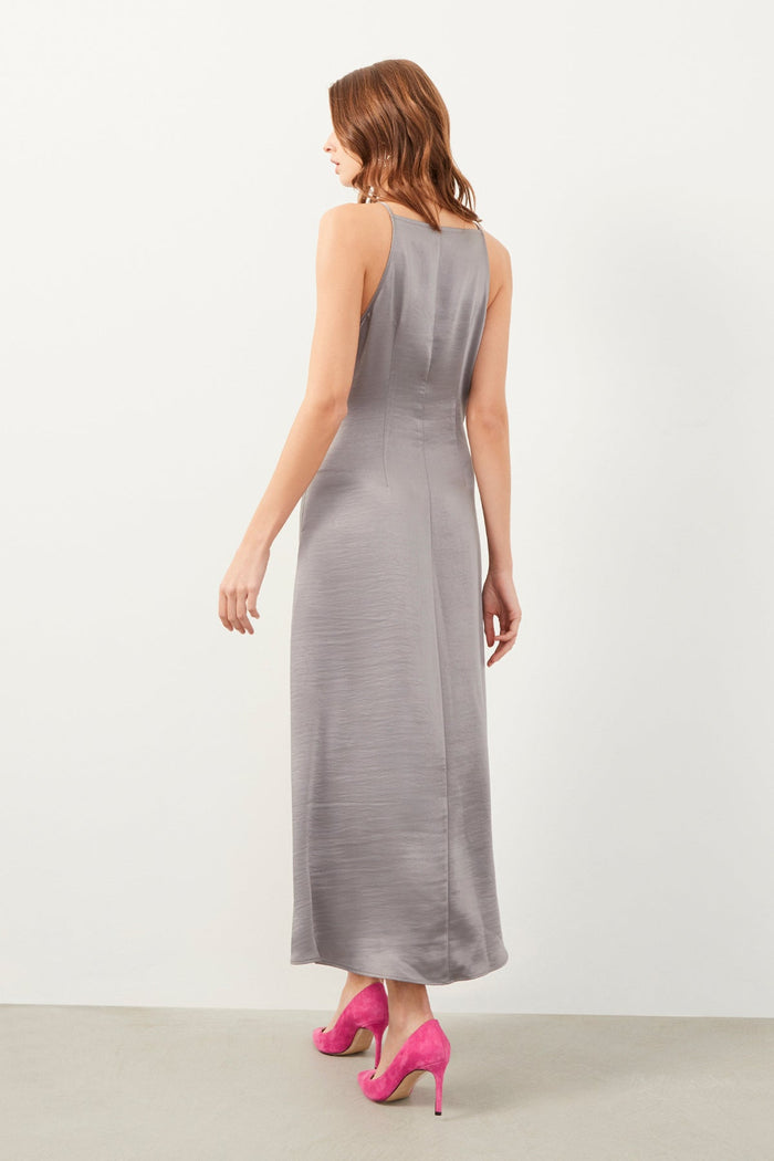 Gray Strap Side Pleat Midi Dress