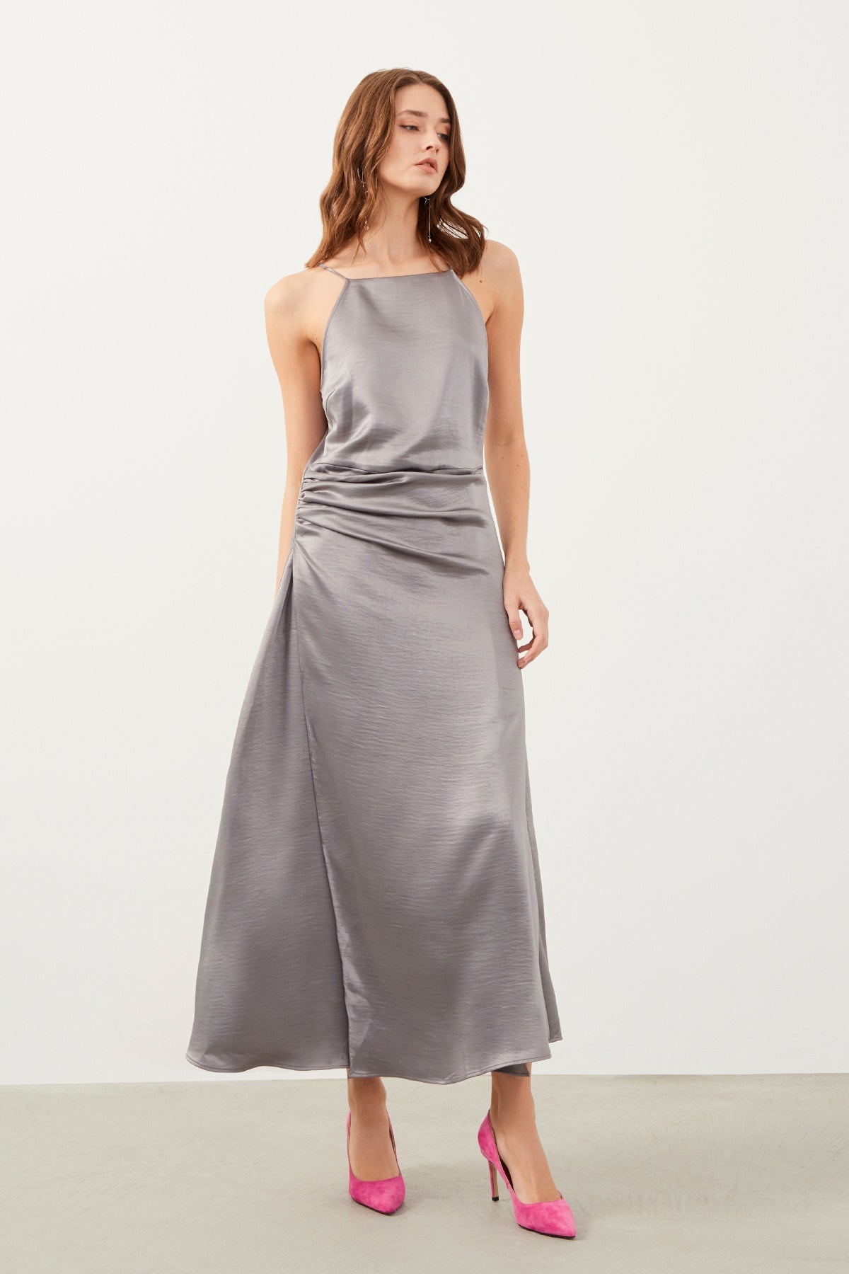 Gray Strap Side Pleat Midi Dress
