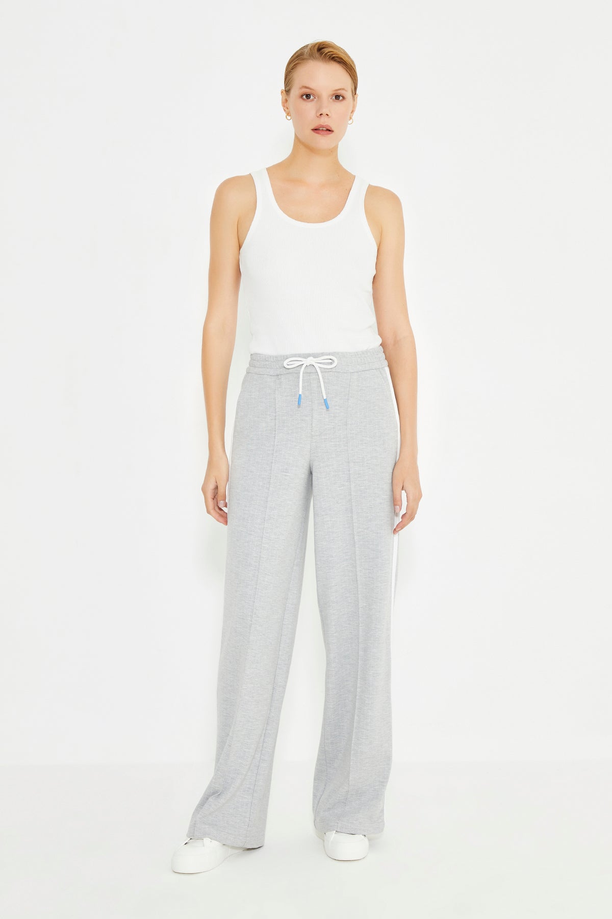 Grey Striped Front Rib And Side Stripe Detail Women's Trousers