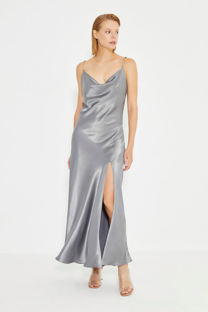 Gray Cowl Neck Spaghetti Strap Side Slit Maxi Sateen Dress
