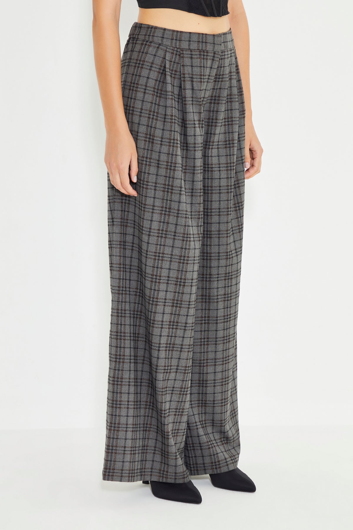 Gray Plaid Pleated Wide Leg Trousers