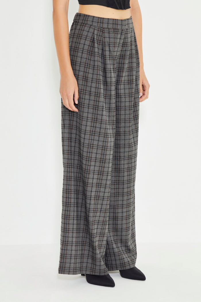 Gray Plaid Pleated Wide Leg Trousers
