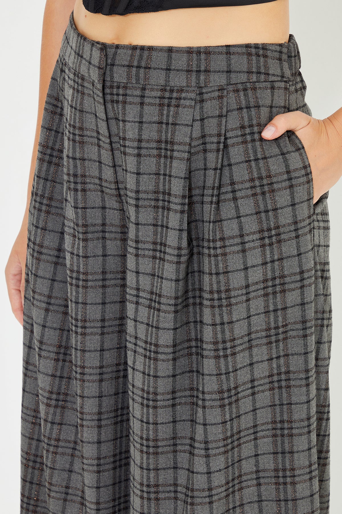 Gray Plaid Pleated Wide Leg Trousers