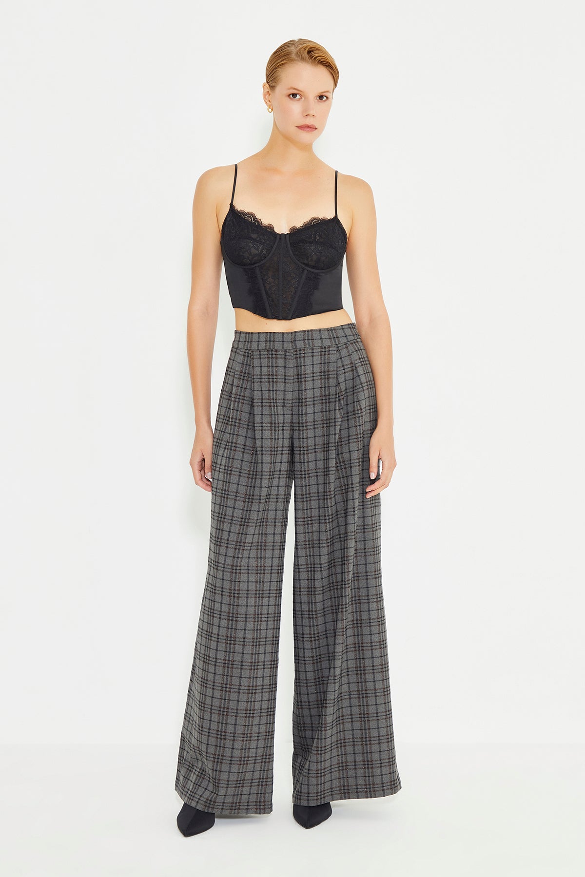 Gray Plaid Pleated Wide Leg Trousers