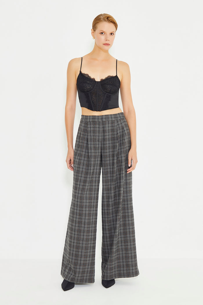 Gray Plaid Pleated Wide Leg Trousers
