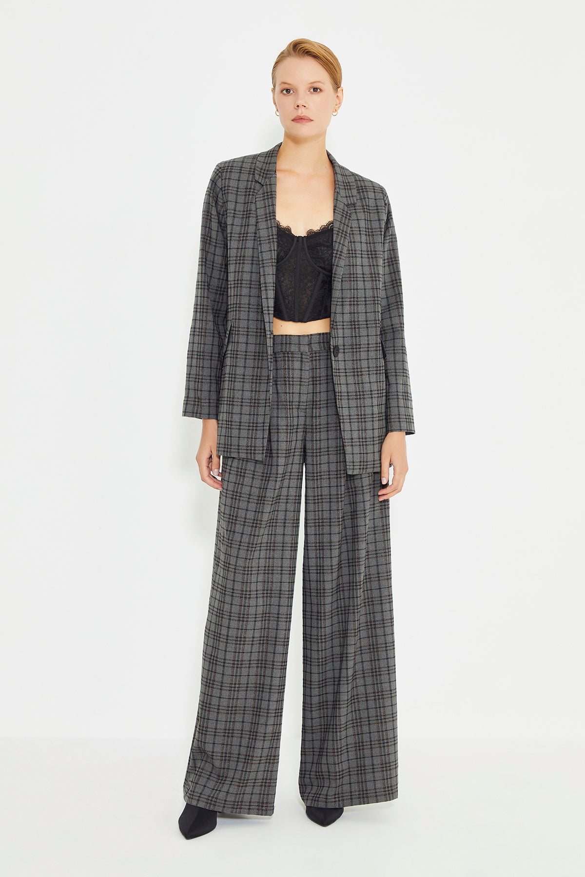 Gray Plaid Pleated Wide Leg Trousers