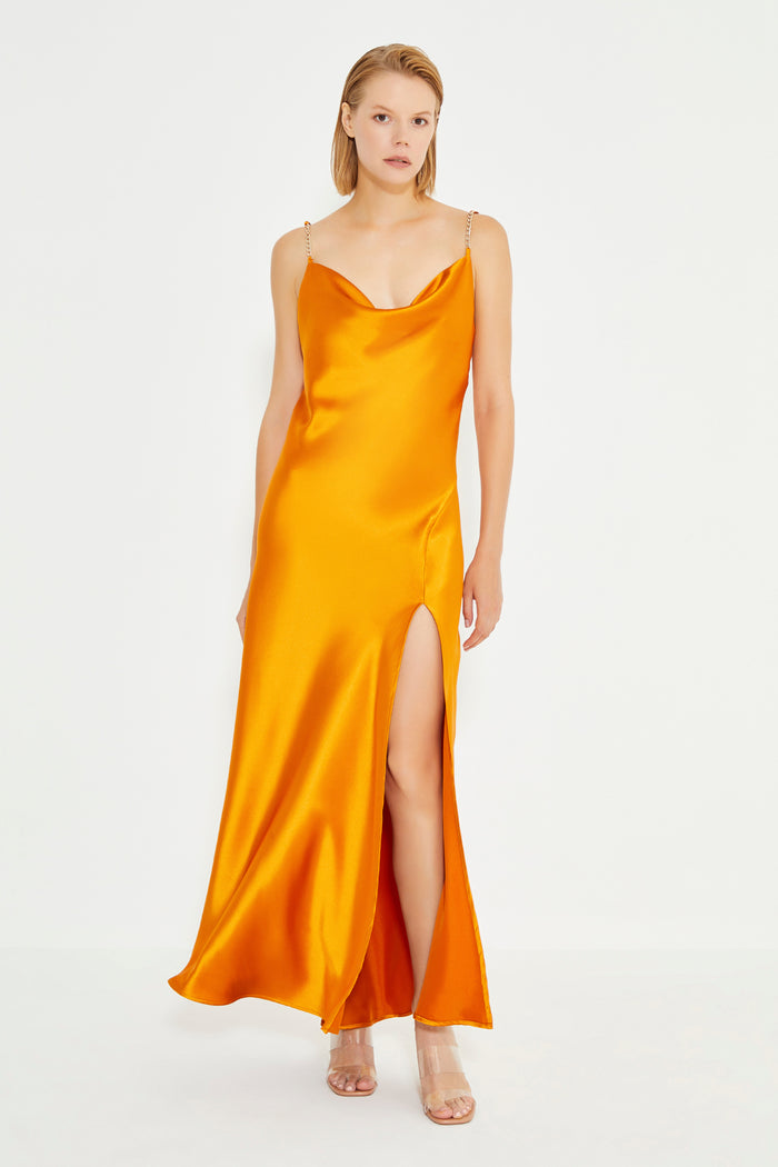 Mustard Colour Cowl Neck Spaghetti Strap Side Slit Maxi Sateen Dress